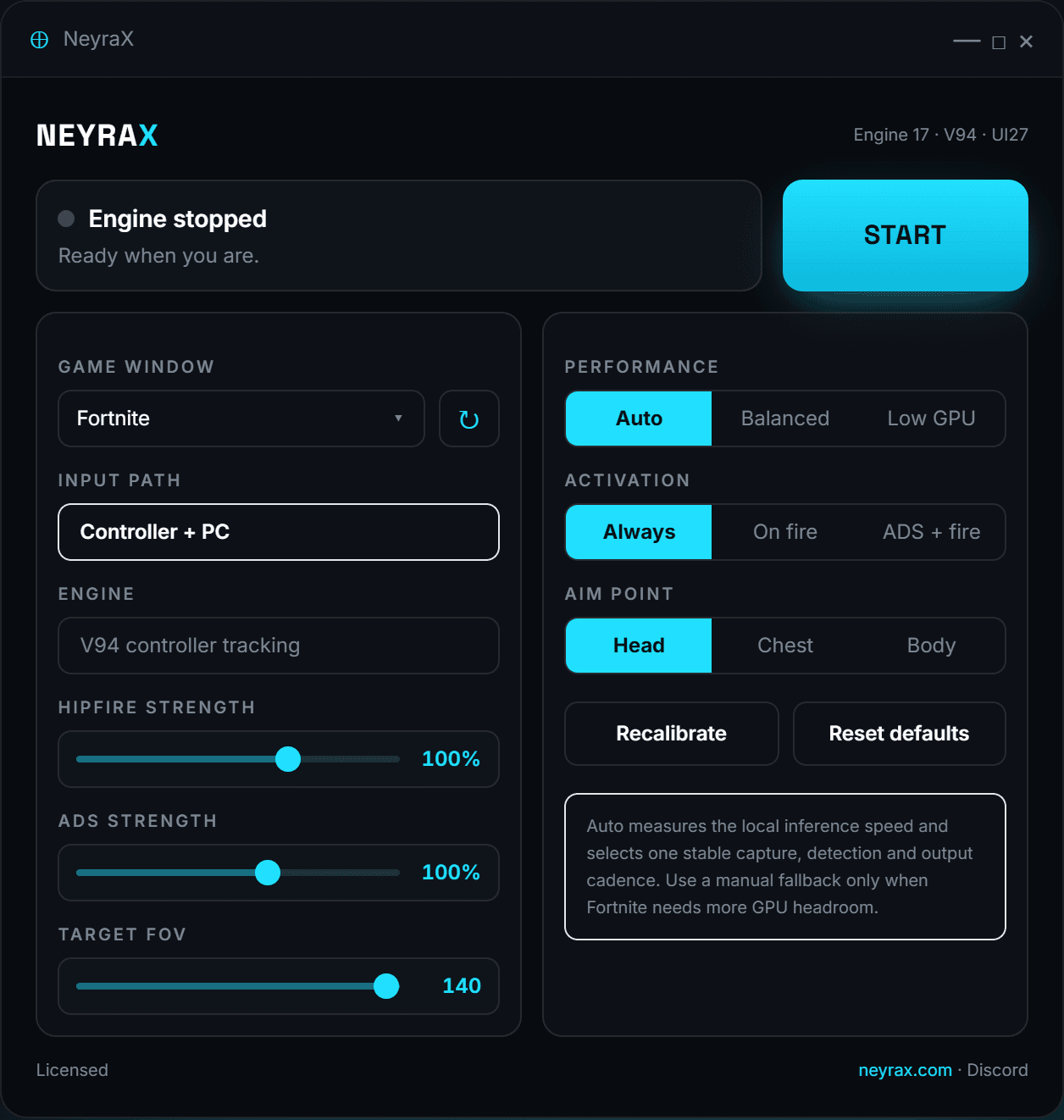 NeyraX controller dashboard preview with hipfire strength, ADS strength and target range controls